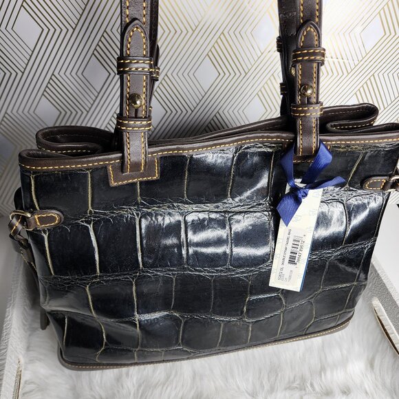 Dooney & Bourke Black Croco Embossed Leather Satchel Double Strap Tote Bag - Picture 3 of 11